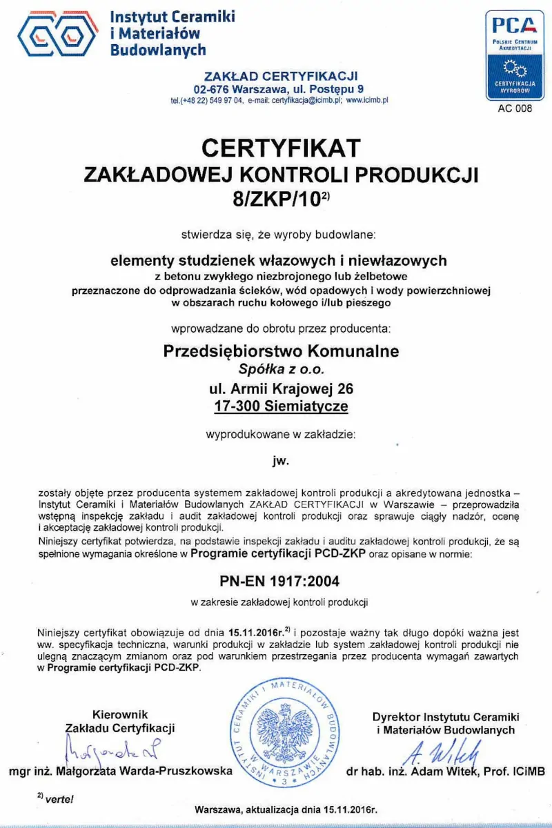 Certyfikat zakładowej kontroli produkcji 8/ZKP/10